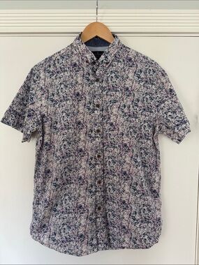 St. Patrick Short-Sleeve Button-Down Shirt in Navy & Pink Speckle